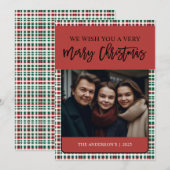 Elegante groene en rode geruite foto feestdagenkaart (Voorkant / Achterkant)