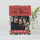 Elegante groene en rode geruite foto feestdagenkaart (Staand voorkant)