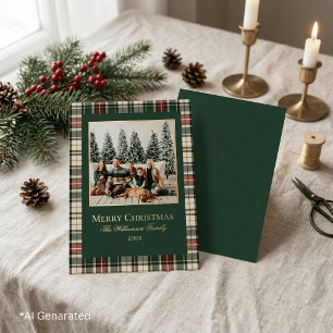 Elegante groene en rode geruite kerstfamiliefoto folie feestdagen briefkaart
