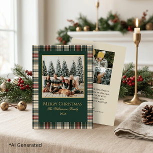 Elegante groene en rode geruite kerstfamiliefoto folie feestdagenkaart