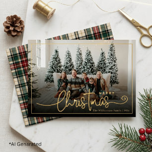 Elegante groene en rode geruite kerstfamiliefoto folie feestdagenkaart