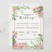 elegante Groene en roze bloemige Peacock Bruiloft Kaart (Voorkant)