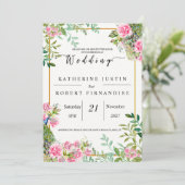 elegante Groene en roze bloemige Peacock Bruiloft Kaart (Staand voorkant)