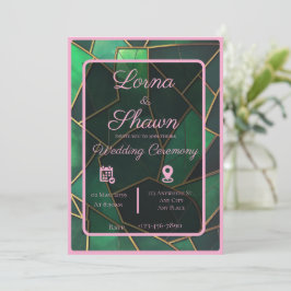 Elegante groene en roze overlay trouwuitnodiging kaart
