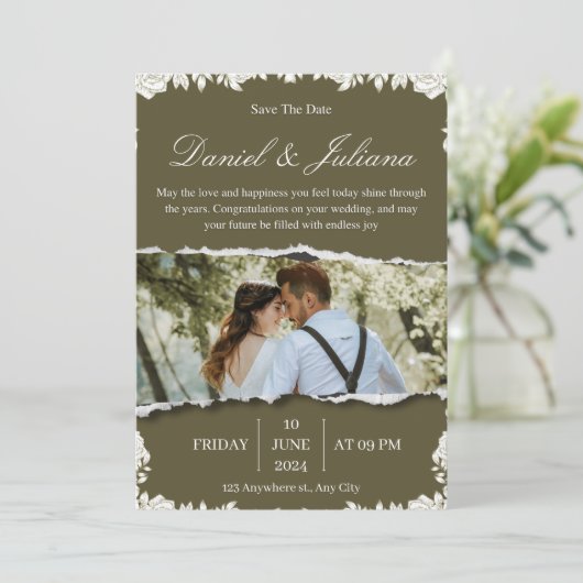 Elegante groene en witte bloem Border Foto Kaart (Staand voorkant)