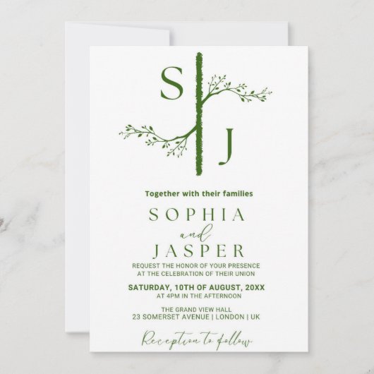 Elegante groene en witte bloemen bruiloft uitnodig kaart (Voorkant)