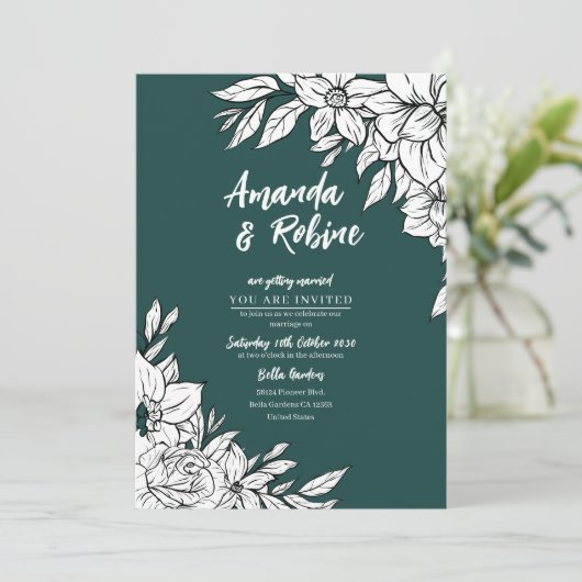 Elegante groene en witte bloemen bruiloft uitnodig kaart (Staand voorkant)
