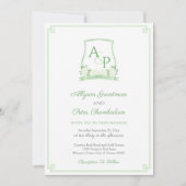 Elegante Groene en Witte Botanische Crest Bruiloft Kaart (Voorkant)