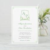 Elegante Groene en Witte Botanische Crest Bruiloft Kaart (Staand voorkant)