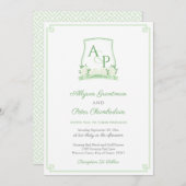 Elegante Groene en Witte Botanische Crest Bruiloft Kaart (Voorkant / Achterkant)