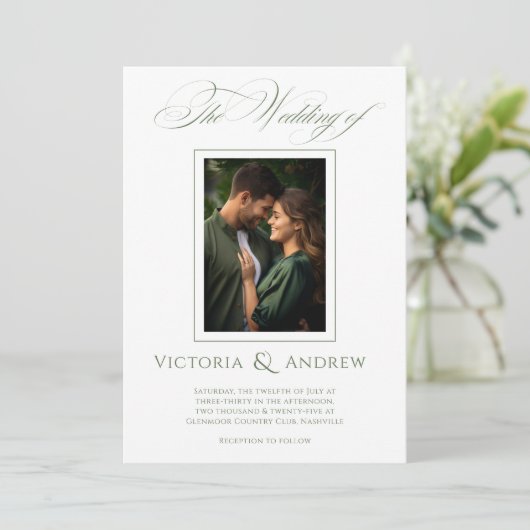 Elegante groene en witte bruiloft uitnodiging & fo (Staand voorkant)