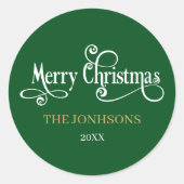 Elegante groene en witte kerstenvelop ronde sticker (Voorkant)