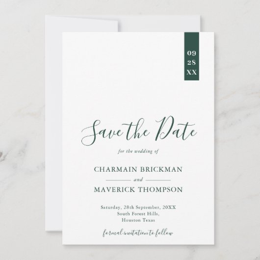 Elegante groene en witte script bruiloft save the date (Voorkant)