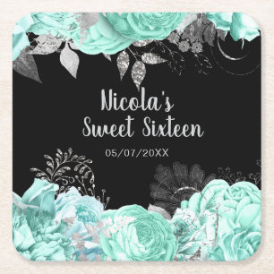 Elegante groene en zilveren bloemen Sweet Sixteen Kartonnen Onderzetters
