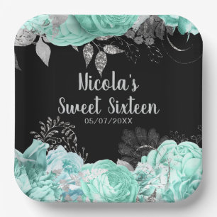 Elegante groene en zilveren bloemen Sweet Sixteen Papieren Bordje