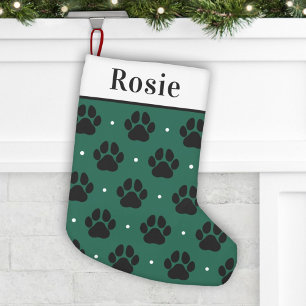 Elegante groene en zwarte pootafdruk huisdier naam kleine kerstsok