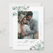 Elegante groene eucalyptus bruiloft foto QR-code Save The Date (Voorkant)