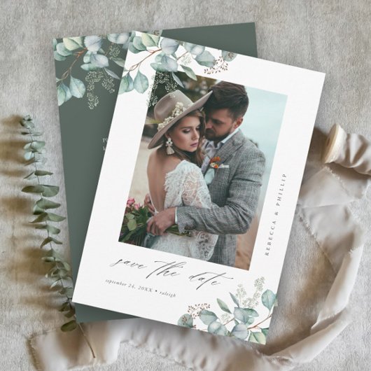 Elegante groene eucalyptus bruiloft foto QR-code Save The Date