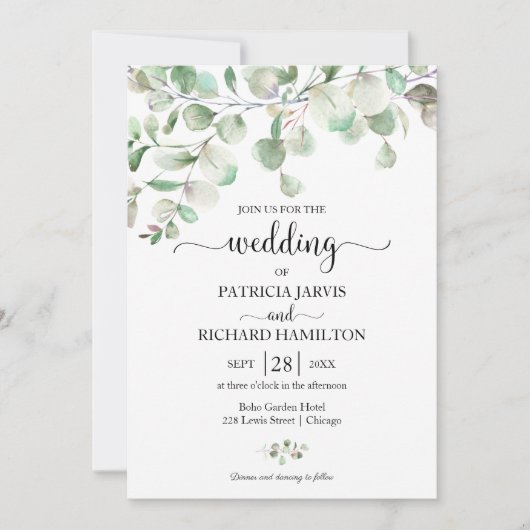 Elegante groene eucalyptus bruiloft kaart (Voorkant)
