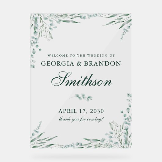 Elegante groene eucalyptus bruiloft welkom acryl bord (Voorkant)