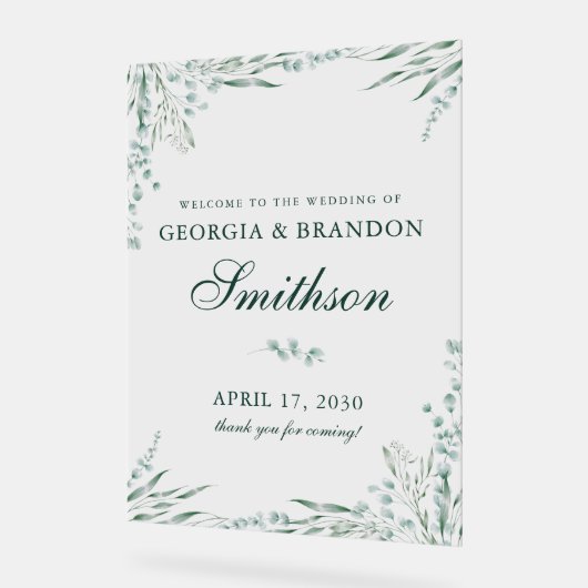 Elegante groene eucalyptus bruiloft welkom acryl bord (Hoek)