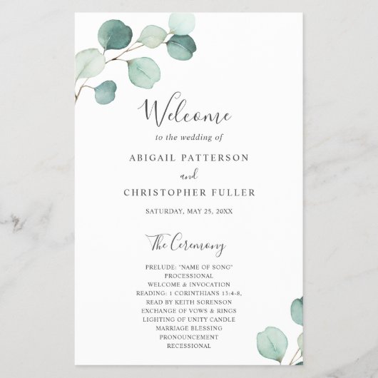 Elegante groene eucalyptus budget trouwprogramma flyer (Voorkant)