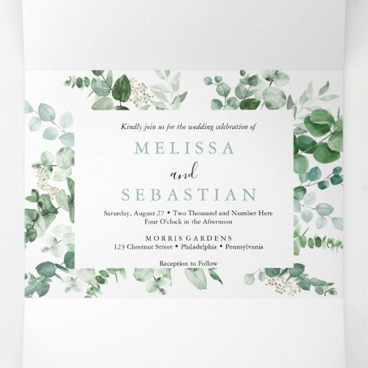 Elegante groene eucalyptus drieluik bruiloft uitno (Binnenkant midden)