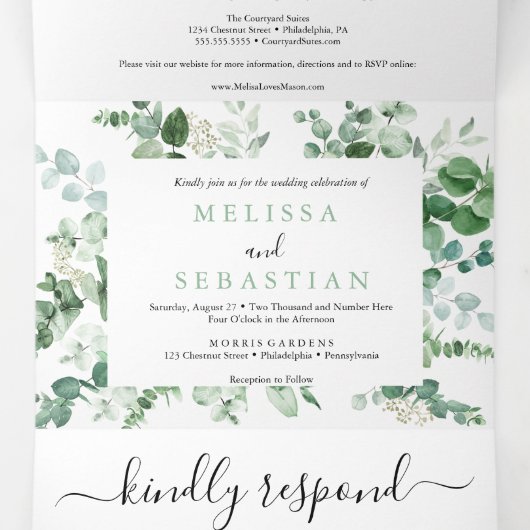 Elegante groene eucalyptus drieluik bruiloft uitno uitnodiging (Binnenkant midden)