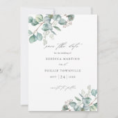 Elegante groene eucalyptus foto bruiloft save the date (Voorkant)