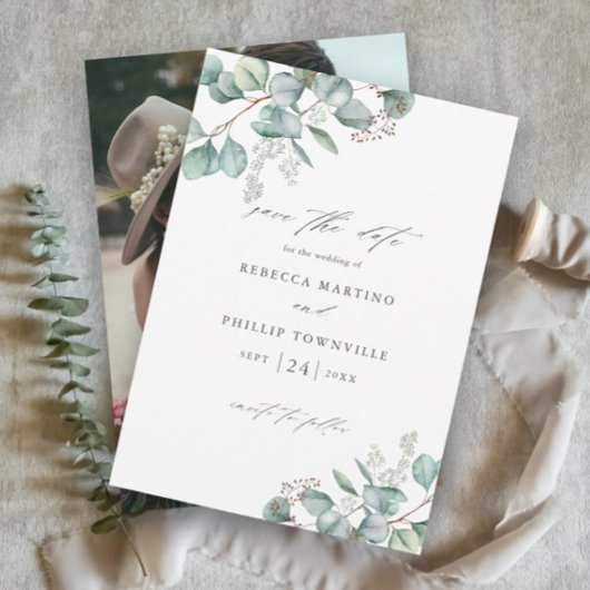 Elegante groene eucalyptus foto bruiloft save the date
