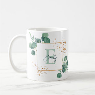 Elegante groene eucalyptus & goud folie monogram  koffiemok