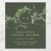 Elegante Groene Eucalyptus Krans Monogram Huwelijk Wijn Etiket (Enkel label)