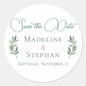 Elegante groene Eucalyptus Leaf Modern Save the Da Ronde Sticker (Voorkant)