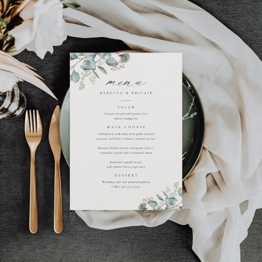 Elegante groene eucalyptus waterverf bruiloft menu