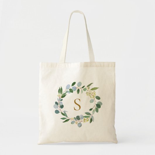 Elegante groene eucalyptusbladeren krans monogram tote bag (Voorkant)