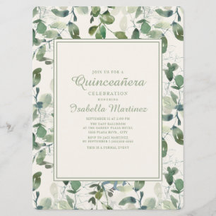 Elegante groene eucalyptusbladeren Quinceanera Kaart