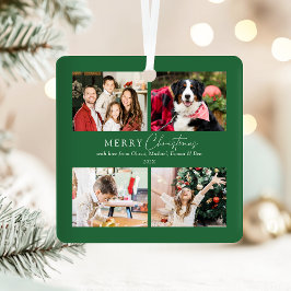 Elegante Groene Familie 4 Foto Collage Kerstmis Metalen Ornament