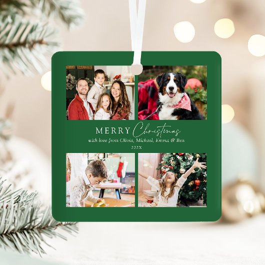 Elegante Groene Familie 4 Foto Collage Kerstmis Metalen Ornament