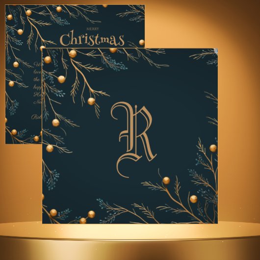 Elegante Groene Familie Monogram Kerst Kaart