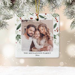 Elegante groene familiefoto Kerstmis Keramisch Ornament