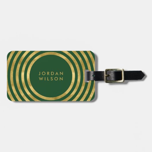 Elegante Groene & Faux Gouden Cirkels Geometrische Bagagelabel (Voorkant horizontaal)