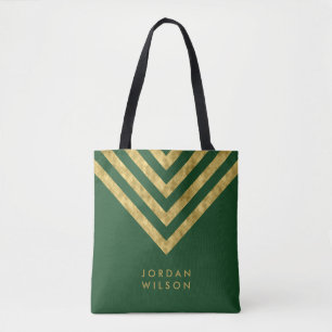 Elegante groene faux gouden naam Chevron patroon Tote Bag