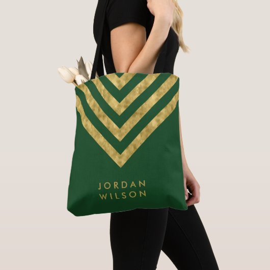 Elegante groene faux gouden naam Chevron patroon Tote Bag (Dichtbij)
