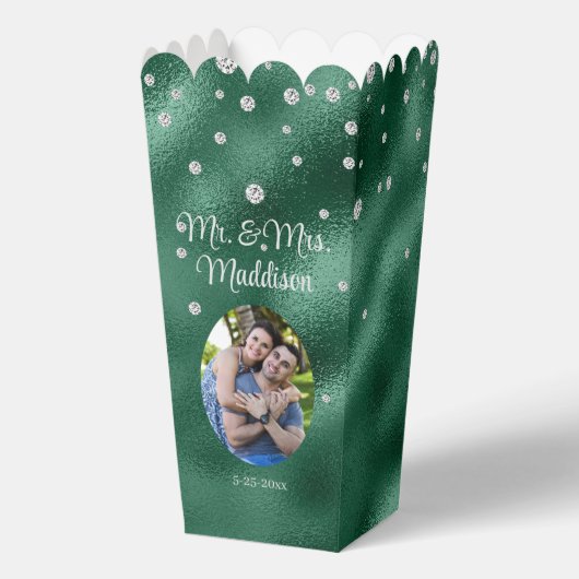 Elegante Groene Folie & Diamant Bruiloft Popcorn Bedankdoosjes (Voorkant)