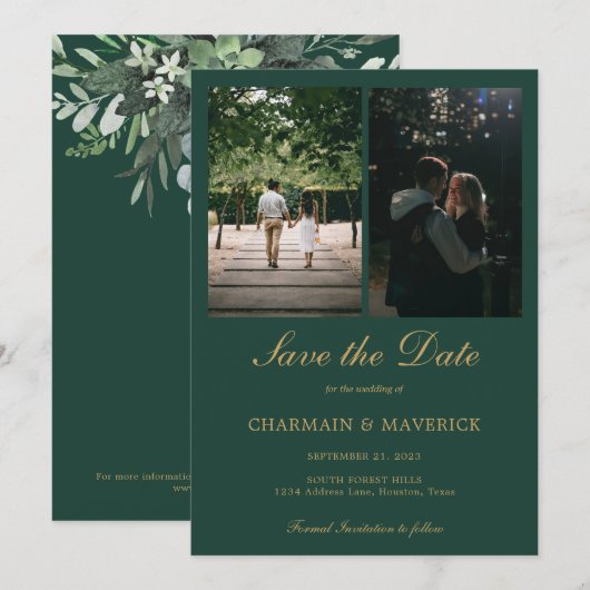 Elegante groene foto bruiloft save the date (Voorkant / Achterkant)