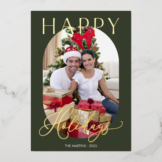 Elegante groene foto goud folie feestdagenkaart (Voorkant)