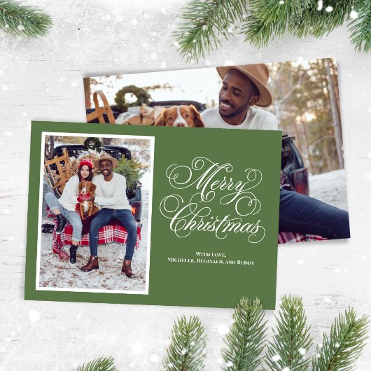 Elegante groene foto Kerstscript typografie Feestdagenkaart