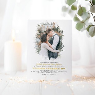 Elegante groene foto-overlay witte trouw folie uitnodiging