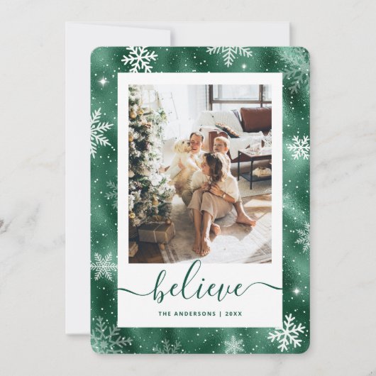 Elegante groene foto sneeuwvlok feestdagenkaart (Voorkant)