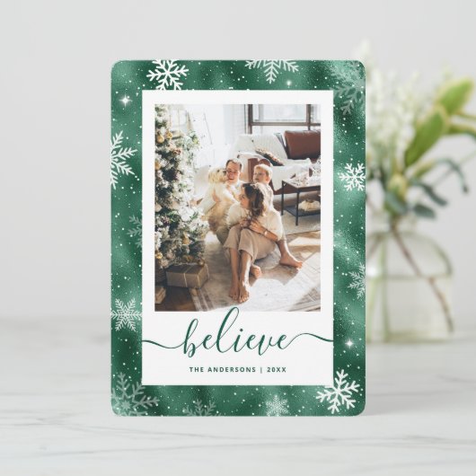 Elegante groene foto sneeuwvlok feestdagenkaart (Staand voorkant)